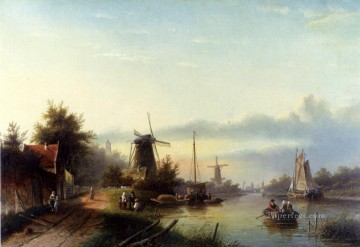 ヤン・ジェイコブ・コーエンラード・シュポーラー Painting - オランダの運河を行くボート ヤン・ジェイコブ・コエンラート・シュポーラー